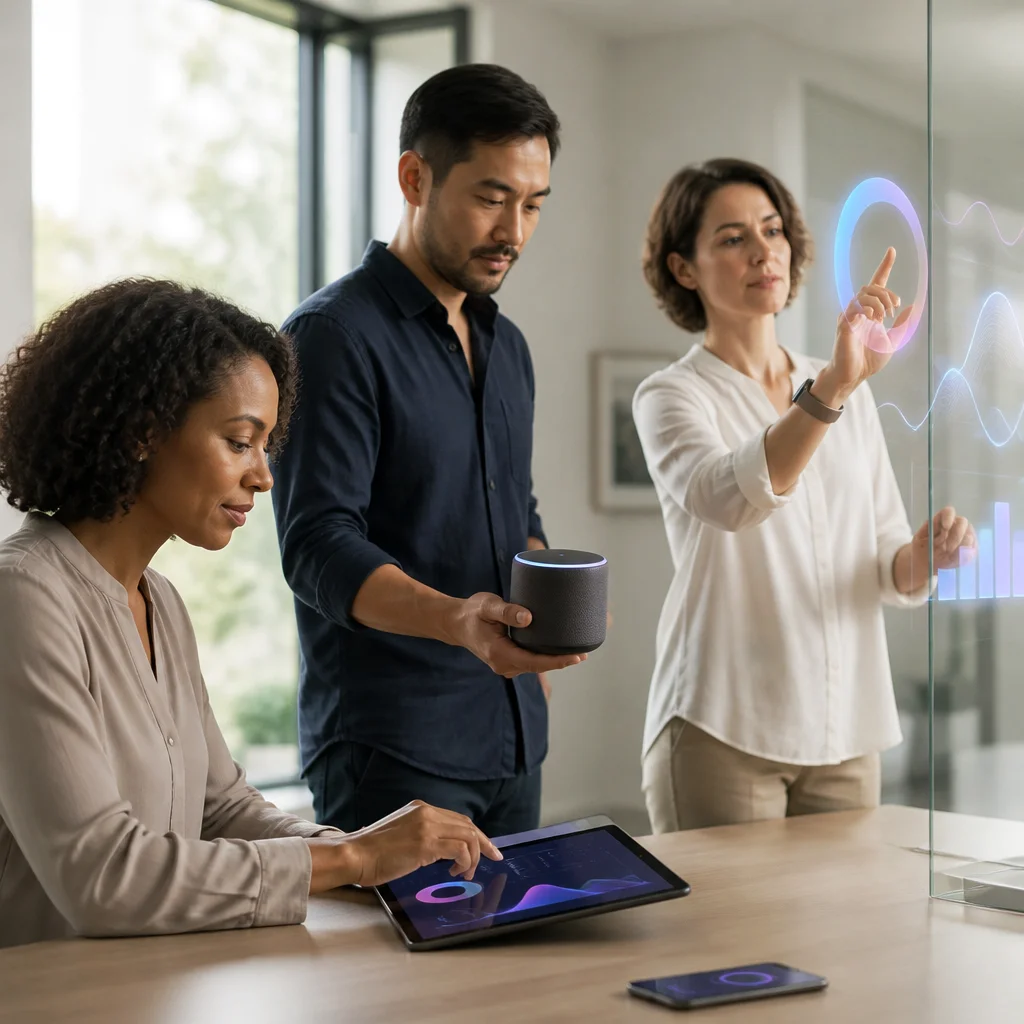 Equipo técnico evaluando modelos de visión en un dispositivo móvil